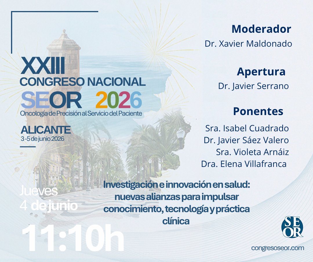 SEOR_ESP's tweet photo. El jueves 4 de junio en el congreso #SEOR2026 tenemos la sesión:  Investigación e innovación en salud: nuevas alianzas para impulsar conocimiento, tecnología y práctica clínica.
#oncologíaradioterápica #radioterapia https://t.co/jRtLCuKVaO