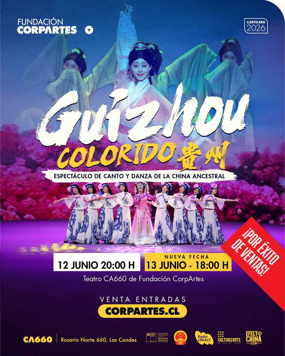 CorpArtes's tweet photo. ¡CUENTA REGRESIVA! 😱🇨🇳
Este viernes 12 y sábado 13 de junio, llega por primera vez a Chile y Latinoamérica un espectáculo de la China ancestral. ¡Asegura hoy tus entradas antes de que se agoten!

Tickets y descuentos: https://t.co/Q6mf4AfxBQ

#Chile #Santiago #LasCondes https://t.co/RImg9TCbRZ