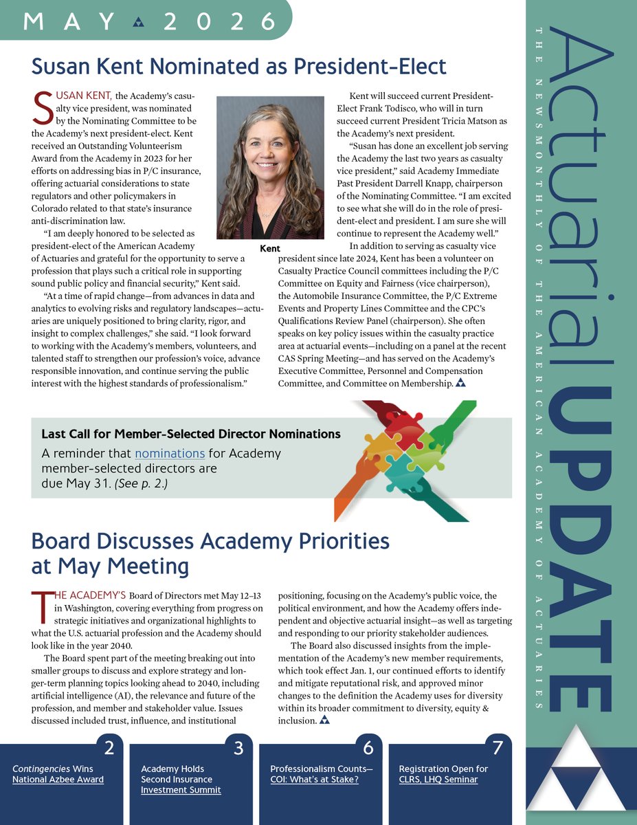 MikeMalloy9's tweet photo. May #Actuarial Update — Casualty VP Susan Kent nominated Academy president-elect. Member-Selected Director nominations are due May 31; upcoming webinars &amp; events; @Actuary_Dot_Org congratulates incoming @naic CEO Jeffrey Johnston. #actuary #actuaries
https://t.co/181y2krxB1 https://t.co/aWf8Cby0bp