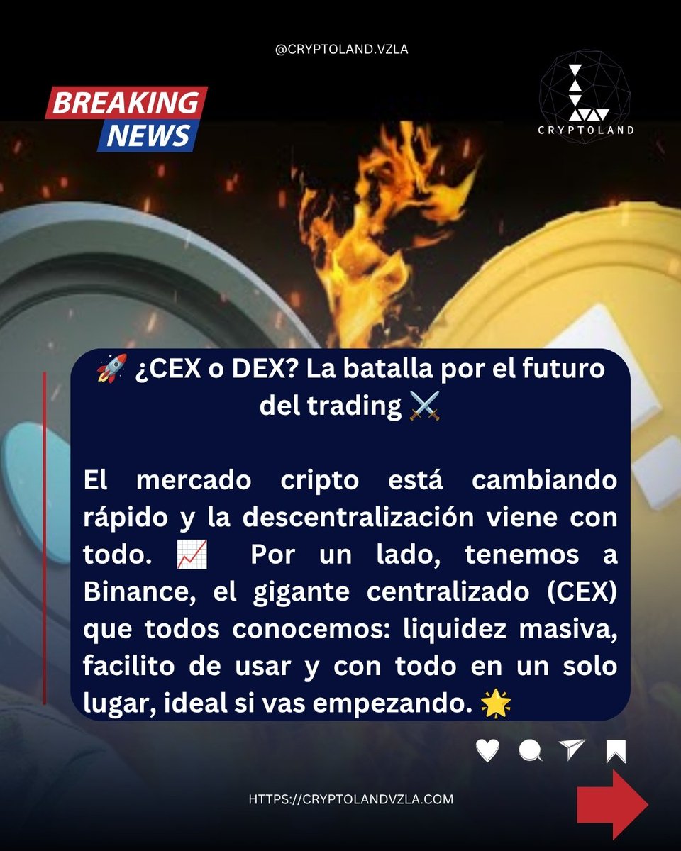 CryptolandV's tweet photo. ¿CEX o DEX? ⚔️ El trading cripto se divide:

🔸 Binance: Comodidad, liquidez masiva y fácil para principiantes. 💼
🔸 Hyperliquid: Autocustodia, privacidad y velocidad on-chain. 🔐

¿Prefieres comodidad o control total? 👇

#CEXvsDEX #Crypto https://t.co/RGZrZEm8T2