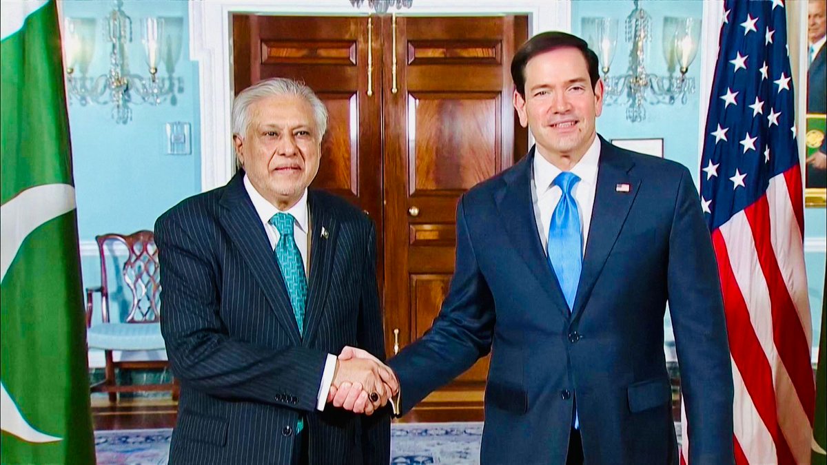 ForeignOfficePk's tweet photo. The Deputy Prime Minister/Foreign Minister, Senator Mohammad Ishaq Dar @MIshaqDar50 held a bilateral meeting today with the U.S. Secretary of State, Marco Rubio @SecRubio in Washington D.C. 

The two leaders expressed satisfaction over the positive momentum in the Pak-U.S. bilateral relations and exchanged views on the evolving regional and global situation. 

Secretary Rubio acknowledged Pakistan's sincere diplomatic and mediatory efforts for peace and stability in the region and beyond. 

The two sides agreed to strengthen the bilateral cooperation in all areas of mutual interest including trade and investment, security, and counter-terrorism. 

They also agreed to advance Pak- U.S. partnership, propelled by high-level exchanges and shared interests in regional peace, security and prosperity.