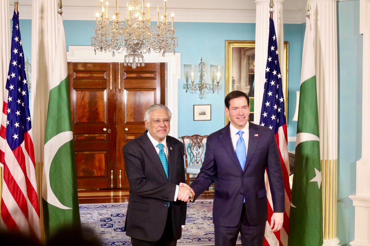ForeignOfficePk's tweet photo. The Deputy Prime Minister/Foreign Minister, Senator Mohammad Ishaq Dar @MIshaqDar50 held a bilateral meeting today with the U.S. Secretary of State, Marco Rubio @SecRubio in Washington D.C. 

The two leaders expressed satisfaction over the positive momentum in the Pak-U.S. bilateral relations and exchanged views on the evolving regional and global situation. 

Secretary Rubio acknowledged Pakistan's sincere diplomatic and mediatory efforts for peace and stability in the region and beyond. 

The two sides agreed to strengthen the bilateral cooperation in all areas of mutual interest including trade and investment, security, and counter-terrorism. 

They also agreed to advance Pak- U.S. partnership, propelled by high-level exchanges and shared interests in regional peace, security and prosperity.