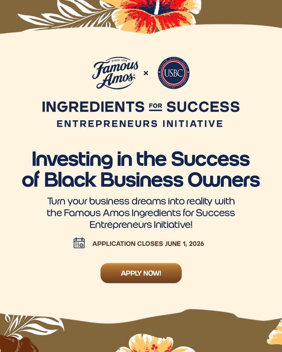 usblackchambers's tweet photo. 🚨 LAST CHANCE 🚨

Small business owners, this is your sign to apply for the Famous Amos Ingredients for Success Entrepreneurs Initiative Grant Program before applications close on June 1! 🍪💼

Apply today before it’s too late at https://t.co/6bWJGkRN4s https://t.co/ts5ToPo3Mp