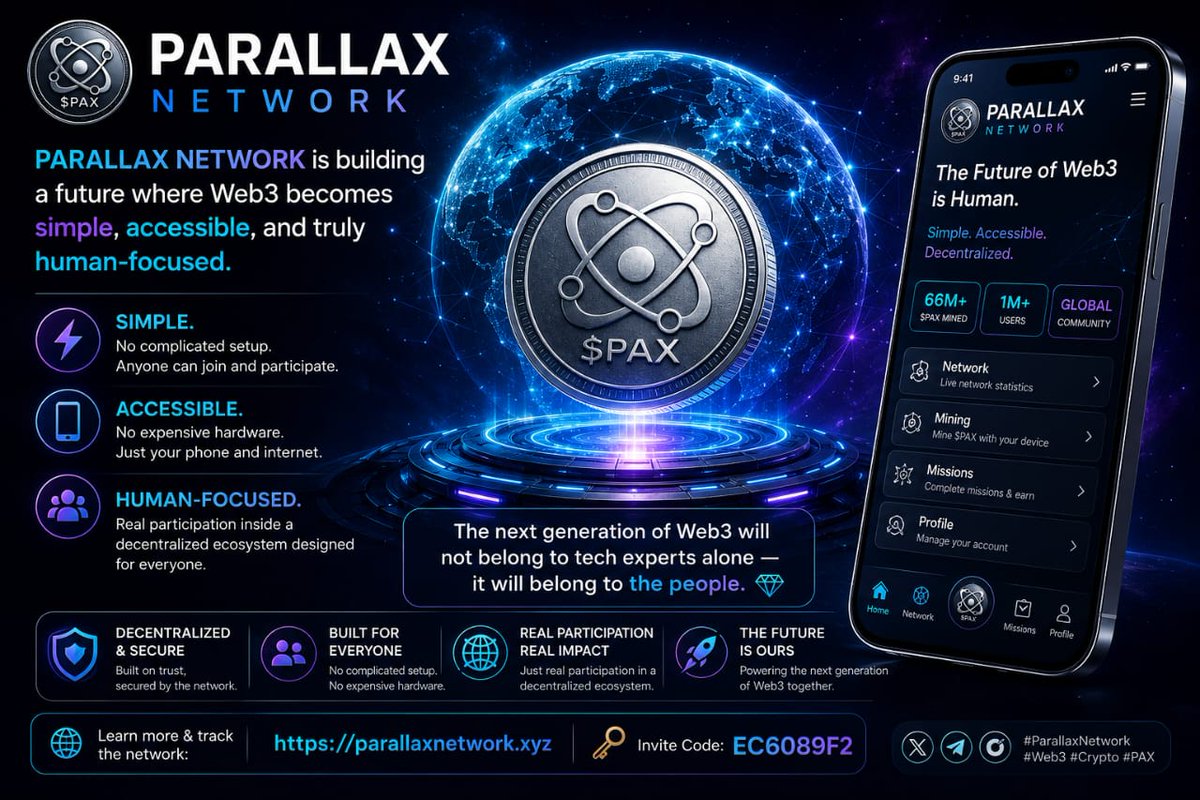 ParallaxNGWeb3's tweet photo. 🌐 PARALLAX NETWORK is making Web3 simple for everyone. ⚡

No expensive hardware. No complicated setup. Just real people building the future together. 🚀💎

📲 https://t.co/W9fo4owOLq
🔑 Invite Code: EC6089F2

#ParallaxNetwork #Web3 #Crypto #PAX https://t.co/Un1dAQy0Zk
