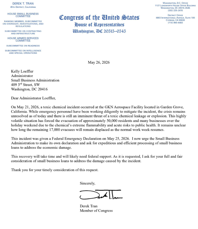 RepDerekTranCA's tweet photo. During the Garden Grove hazmat crisis, 5,000 businesses were forced to shut down. Workers lost wages and businesses lost profits critical to operating expenses. I'm pushing for the @SBAgov @SBA_Kelly  to formally declare a disaster declaration so our small business owners can successfully apply for assistance and protect the livelihoods that depend on them.