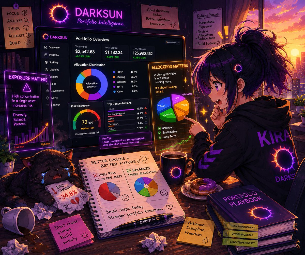 DarksunFinance's tweet photo. Gm ☀️

Kira’s Morning Routine #4

Understanding a portfolio means more than checking balances.

Exposure matters.
Allocation matters.

#TerraClassic #LUNC #DarkSunFinance https://t.co/DEq3ycBDsO
