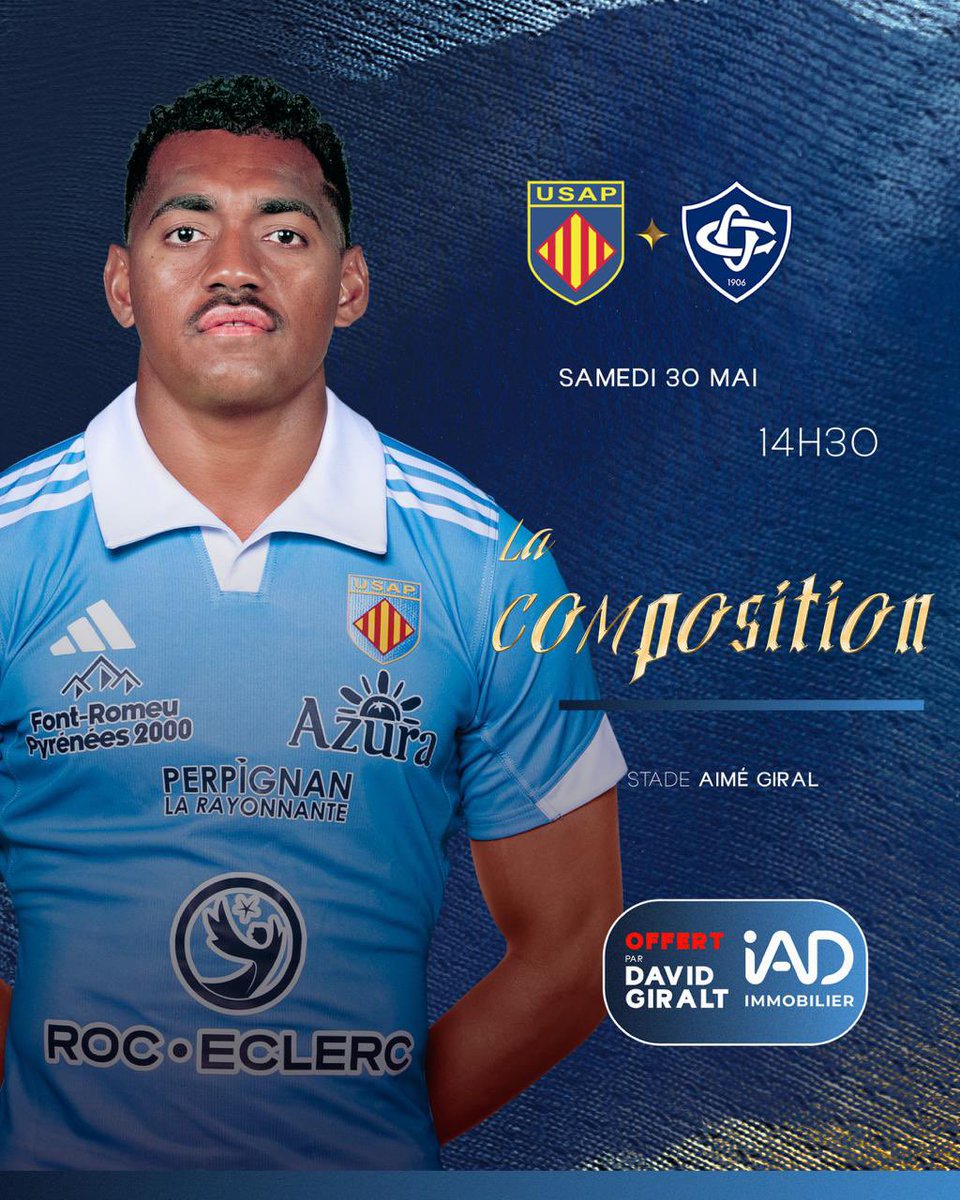 usap_officiel's tweet photo. 🥁𝗟𝗔 𝗖𝗢𝗠𝗣𝗢

Découvrez la composition pour cette vingt-cinquième journée de Top14 offerte par notre partenaire David Giralt Iad France 🔥

🏉 Top14 - J25 💊 L’USAP reçoit le Castres Olympique
⏰ Samedi 30 mai - 14h30 🏟️ Stade Aimé Giral
👋 Ouverture des portes - 12h

Tous derrière l’USAP 📣