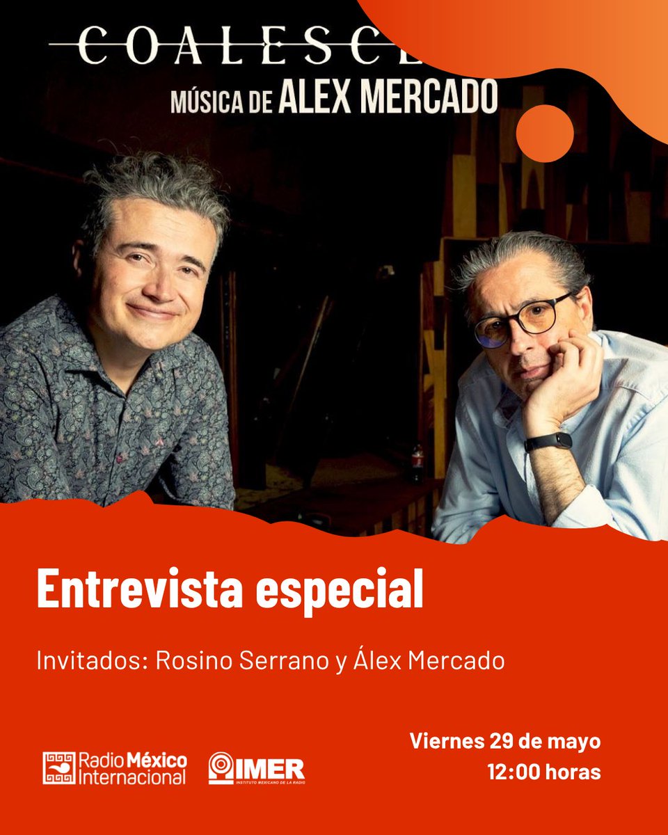 rmiimer's tweet photo. 📻 Hoy al mediodía, Rogelio Castro conversará vía telefónica con Rosino Serrano y Álex Mercado sobre los próximos lanzamientos de la Orquesta Moderna de Rosino Serrano: "Coalescencia" y "Alma".

🗓️ Viernes 29 de mayo | 12:00 horas
🎧Escucha en vivo: https://t.co/6FHifscXZ3 https://t.co/XMRvBPHdol