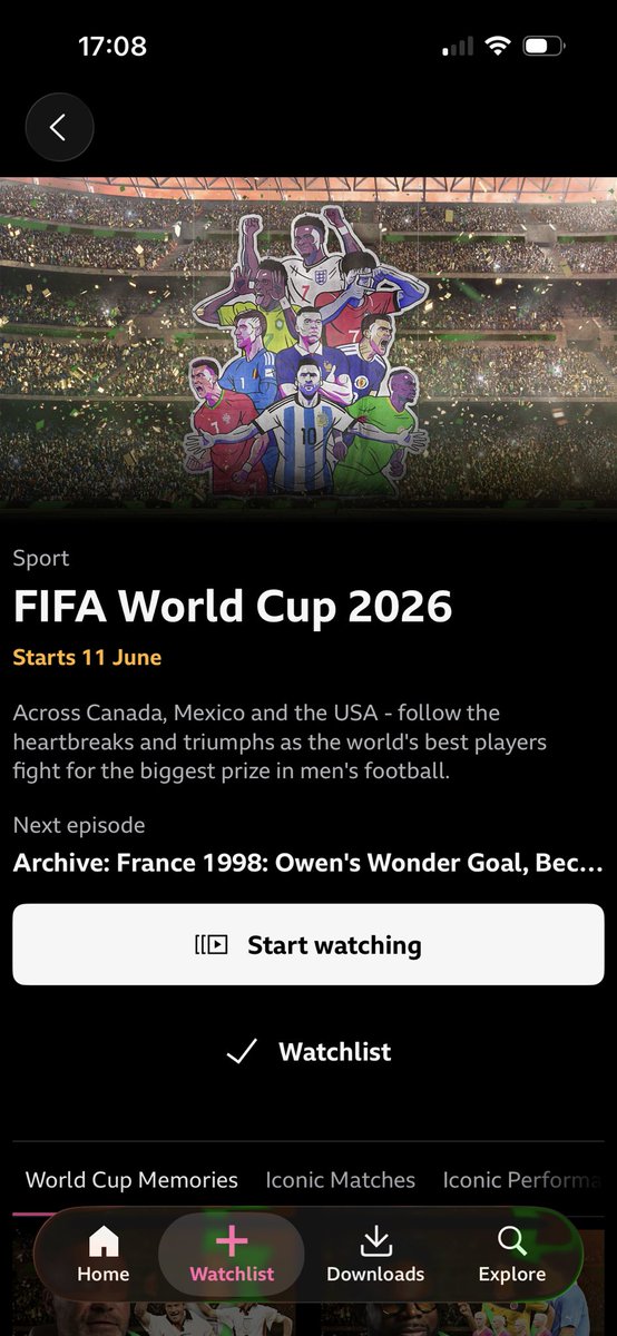matteddy04's tweet photo. @Ankaman616 On their World Cup 2026 section on iPlayer, there’s 20+ ‘iconic matches’ highlights. I assume it’s the same ones that are going out periodically on YouTube. Started on them today, lovely stuff 👏 https://t.co/XOLoIVNMOk