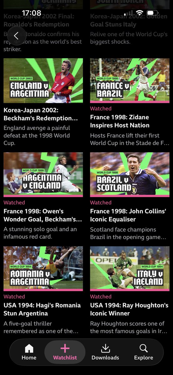 matteddy04's tweet photo. @Ankaman616 On their World Cup 2026 section on iPlayer, there’s 20+ ‘iconic matches’ highlights. I assume it’s the same ones that are going out periodically on YouTube. Started on them today, lovely stuff 👏 https://t.co/XOLoIVNMOk