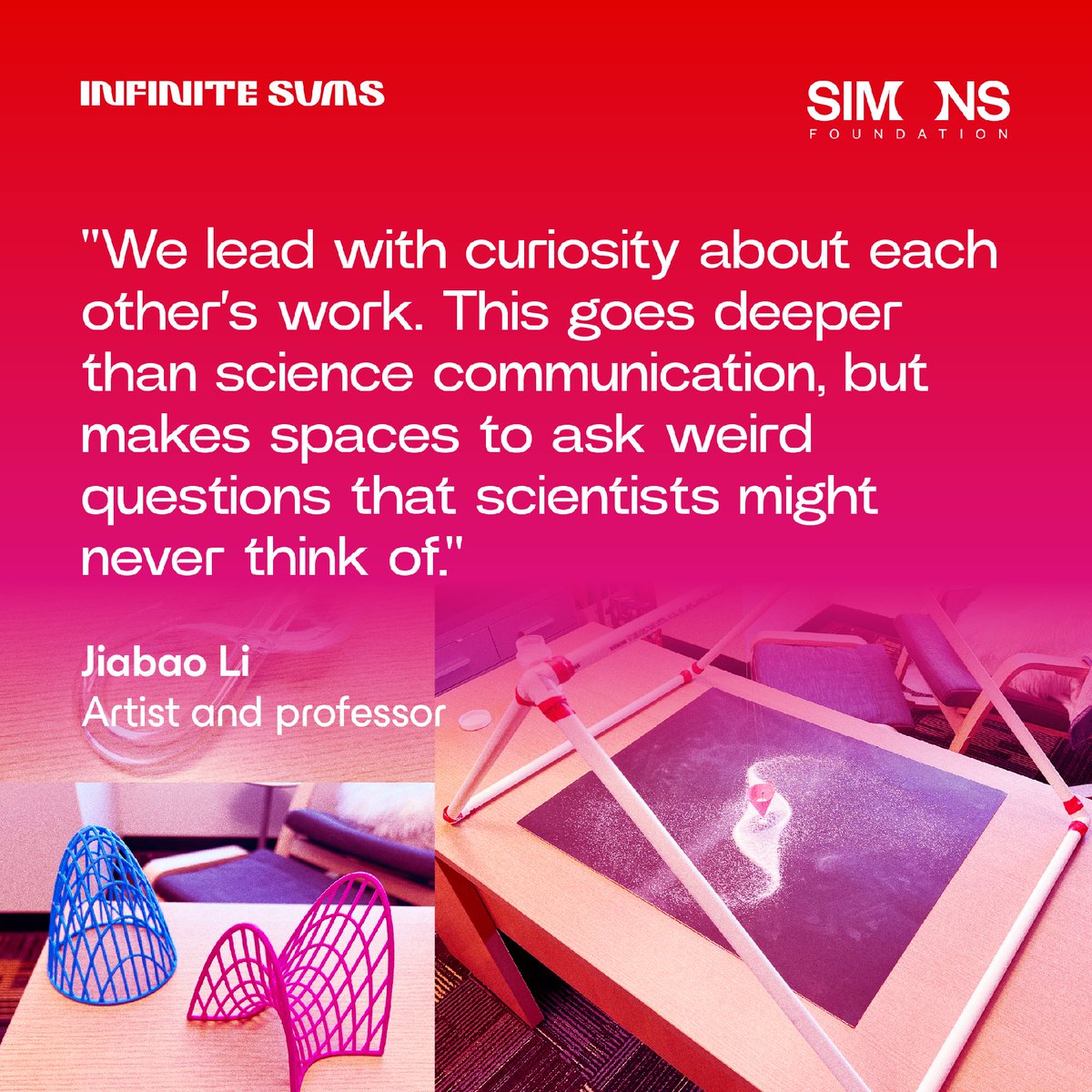 SimonsFdn's tweet photo. Through our Open Interval program, artist Jiabao Li began collaborating with mathematician Fumiko Futamura. Now an #InfiniteSums math ambassador, Li discusses the importance of this collaboration and their new sculpture project in a recent interview: https://t.co/K1tHNEpJoI #art #math