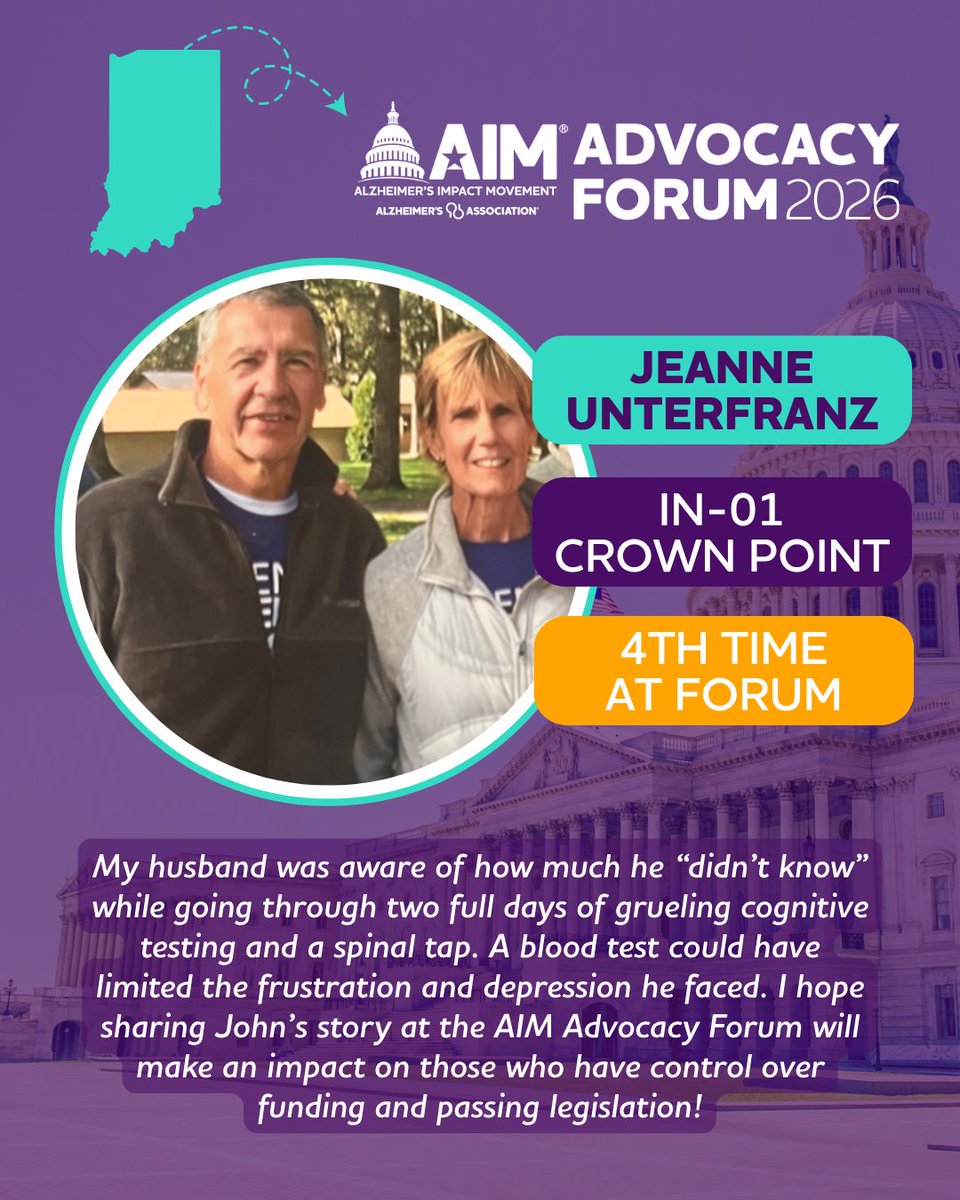 AlzIndiana's tweet photo. Meet our #ENDALZ advocate from Indiana's 1st district! 💜 Jeanne heads to Capitol Hill next week to urge @RepMrvan to support the bipartisan #ASAPAct — joining advocates across the nation at the 2026 #alzforum.

📢 Add your voice at https://t.co/NG7KyqFDQp. https://t.co/xljdy1gcBA