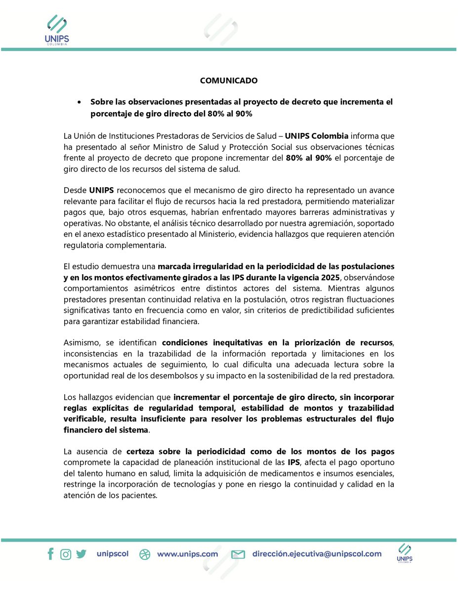 ColombiaUnips's tweet photo. 📢 Avanzar en giro directo también significa garantizar transparencia, regularidad y sostenibilidad financiera para las IPS. Seguimos impulsando soluciones técnicas para fortalecer el sistema de salud. #GiroDirecto #Salud #IPS #SistemaDeSalud #UNIPSColombia https://t.co/EP1UBMrKwJ