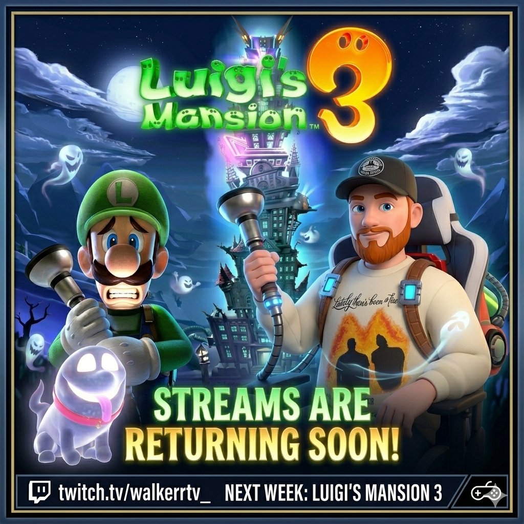 WalkerrTV's tweet photo. Checking back into the Last Resort! 🔦🏚️ Streams return NEXT WEEK, picking up right where we left off in Luigi's Mansion 3. The Poltergust G-00 is dusted off and ready for ghost-busting chaos!
🎮 Catch it live: https://t.co/L8CBXTjGjK
#LuigisMansion3 #TwitchStreamer https://t.co/iggrmotfKS