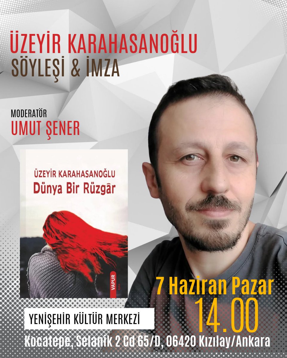 UKarahasanoglu's tweet photo. 6 Haziran Cumartesi günü 14.00'te Eskişehir Aura Cafe'de sevgili Şerefnur Uzun'la, 7 Haziran Pazar günü 14.00'te Ankara Yenişehir Kültür Merkezinde sevgili Umut Şener'le Dünya Bir Rüzgâr'ı, öyküyü, sanatı, hayatı konuşacağız. Sözü olanı, gönlü olanı bekleriz. https://t.co/r0FnRHMMH6