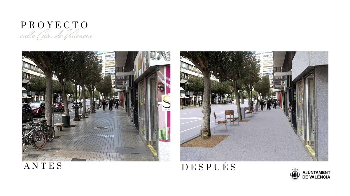 AjuntamentVLC's tweet photo. 🛣️ El carrer Colón es renovarà amb una reforma integral que inclourà més seguretat i ♿ #accessibilitat amb millores per a vianants, bicicletes i 🚍 @emtvalencia.

🏗️12.000 m² d’asfalt fonoabsorbent
🚶 Voreres més àmplies i més passos
🪑 Nou mobiliari i més arbrat 🌿
🫰 Inversió 2M€
🗓️ Termini màxim de 5 mesos

🚧 L'actuació arrancarà després de finalitzar les obres de les av. Pérez Galdós i Giorgeta.

🔗 https://t.co/6dIVN0ToCY