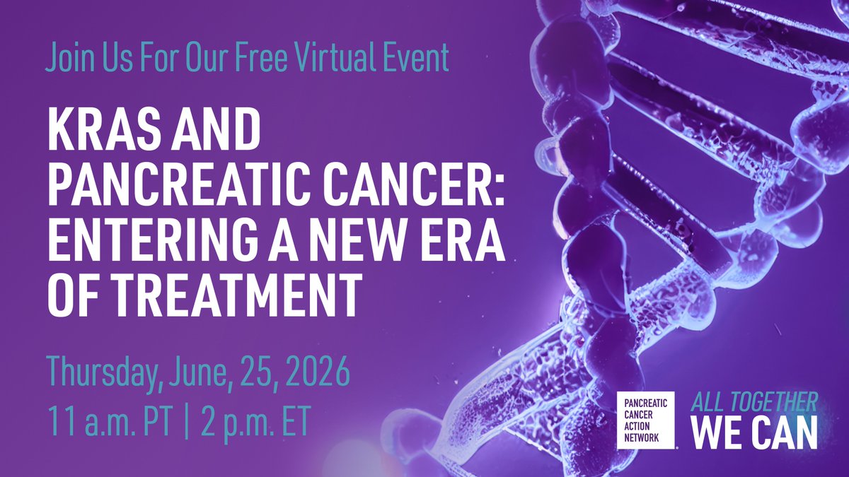 PanCAN's tweet photo. For the most common type of #pancreaticcancer, pancreatic ductal adenocarcinoma, more than 90% of tumors are thought to have a KRAS mutation. For decades, these mutations were considered “undruggable,” meaning there was no effective way to target them with treatments. But groundbreaking research has changed that with remarkable results — a new RAS inhibitor approximately doubled overall survival compared with chemotherapy in patients with metastatic pancreatic cancer.

Join PanCAN to discuss the current moment in KRAS research — and what the newest discoveries may mean for patients now and in the future. During our free virtual event, you'll learn more about:

🧬 What KRAS is and why it's critical for patients diagnosed with pancreatic cancer to know if their tumor has a KRAS mutation
🔬 The latest research related to KRAS and beyond, including clinical trials happening now that stand to change the treatment landscape
🧪 The important role patients play in advocating for biomarker testing, clinical trials and new treatment options for KRAS-driven cancers
💜 How PanCAN Patient Services can help patients get biomarker testing to identify KRAS and other mutations as well as navigate treatment options, including clinical trials

Save your virtual seat today at 🔗 https://t.co/kTVPDpnWF8