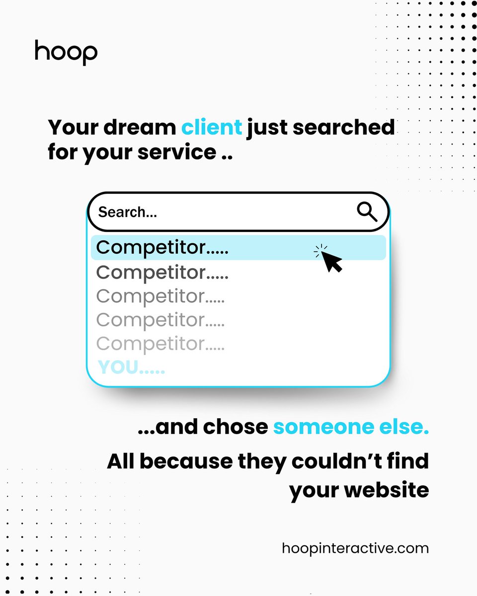 HoopInteractive's tweet photo. You built something incredible; but if Google doesn't know it exists, neither does your dream client. 

Don't let another dream client scroll past. Your website should be working for you 24/7, even when you're not.

Drop a 🔥 if you're ready to stop being invisible online. https://t.co/ChJhLHfEFj