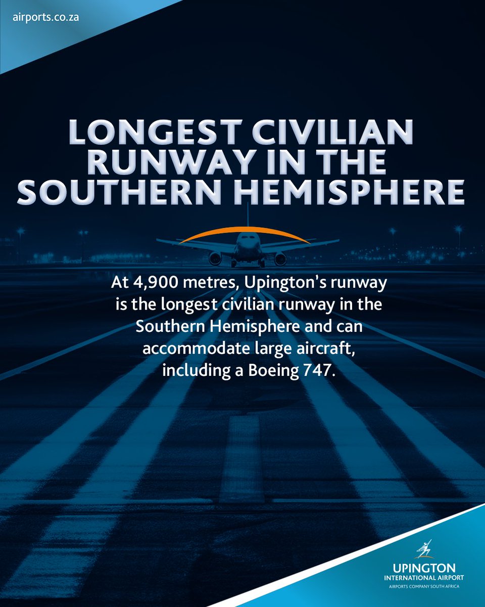 upingtonint's tweet photo. There’s more to Upington International Airport than meets the eye.

From its record-breaking runway to its unique role in aviation, this Northern Cape airport is full of interesting details that set it apart within the ACSA network.

Here are a few fun facts you may not know.

#ACSA #UpingtonInternationalAirport #AirportFacts
