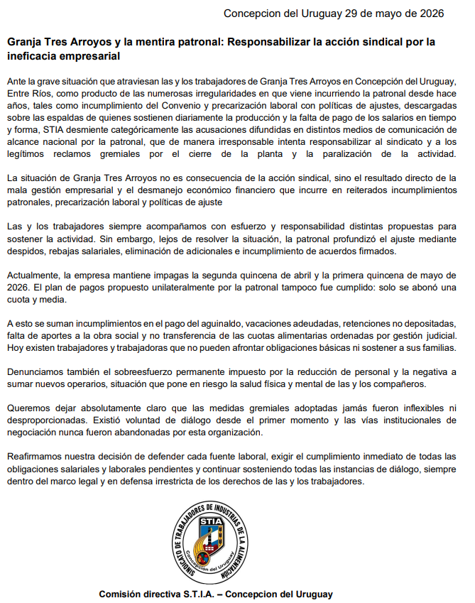 hernanletcher's tweet photo. LOS DUEÑOS DE GRANJA TRES ARROYOS AHORA LE ECHAN LA CULPA A LOS TRABAJADORES

La razón de la crisis de la mayor avícola del país es la mala gestión empresarial y el desmanejo económico financiero. La empresa registra más de 1.800 cheques sin cubrir por un monto superior a $29 mil millones.

Comparto el comunicado de la Federación de Trabajadores de la Alimentación