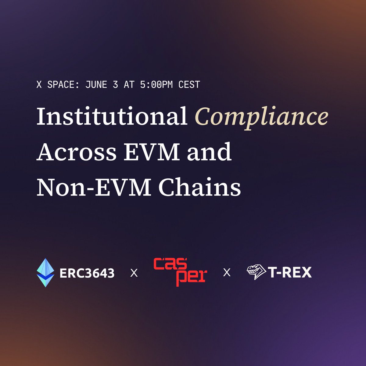 trex_network's tweet photo. 🔗 EVM meets Non-EVM. How does compliance stay intact across both?

Our CTO &amp; Co-founder, @0xMuchScience, is joining @mssteuer, CTO &amp; President of @Casper_Network, and @RealDennisO, President of @ERC3643Org, to answer just that.

🗓️ June 3, 5PM CEST
📍 https://t.co/ZwzMgPsobq https://t.co/GM27sYeejP