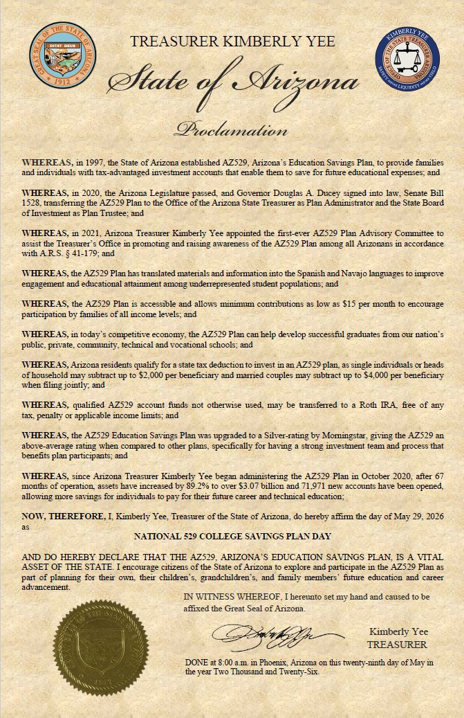 AZTreasury's tweet photo. Arizona Treasurer Kimberly Yee recognizes May 29th as National 529 College Savings Plan Day - a time for Arizonans to reflect on the importance of having a savings plan to achieve education and career goals.

Read the Proclamation here: https://t.co/bZYkFz558I https://t.co/yAIFva7ZUg