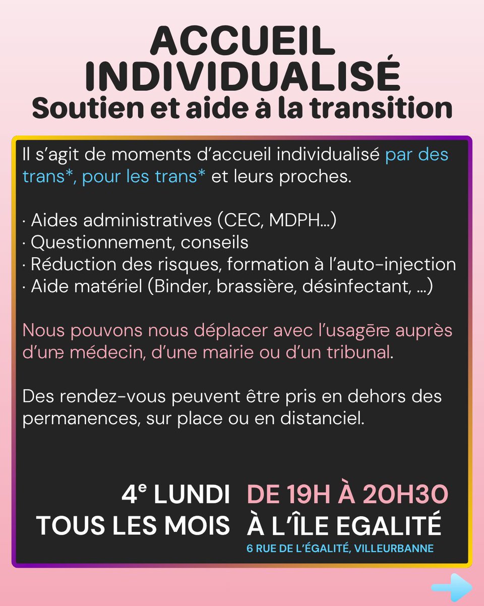 ECLATrans's tweet photo. ⭐Retrouvez-nous  trois fois par mois pour des permanences collectives, de  sociabilisation et d'accueil individualisé, tenues par nos militant·es !

📍à l'île Égalité, 6 rue de l'égalité, Villeurbanne

📍au Café Rosa, 78 Bis Rue Bechevelin, Lyon 7

1/2 https://t.co/pFddinn3Hn