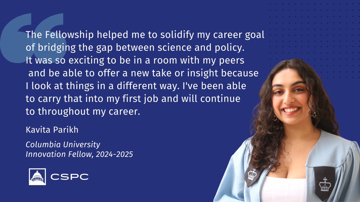 CSPC_DC's tweet photo. This #FellowsFriday, we’re spotlighting @Columbia alumna Kavita Parikh, a 2024–2025 Innovation Fellow now working in sustainability through @Halmaplc's Global Catalyst Graduate Program. https://t.co/FLGExMevPx
📢 Applications to be an Innovation Fellow or At-Large Fellow are due July 1! https://t.co/2CvM6rxm6f
