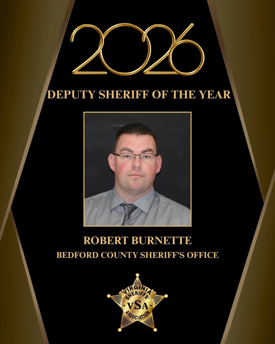vasheriffs's tweet photo. Meet the 2026 VSA Deputy Sheriff of the Year: Deputy Robert Burnette of @bedfordsheriff1! Join us in congratulating Deputy Burnette on this well-deserved recognition, and read more about Deputy Burnette’s accomplishments on our website: https://t.co/qXXEoZIYsU https://t.co/f0b8gQoPQC