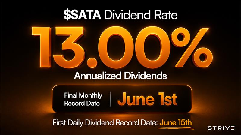 Strive's tweet photo. Last day to buy $SATA and become a record holder for our final monthly dividend.

Daily dividend record dates start June 15, 2026. https://t.co/bswvKlRibS