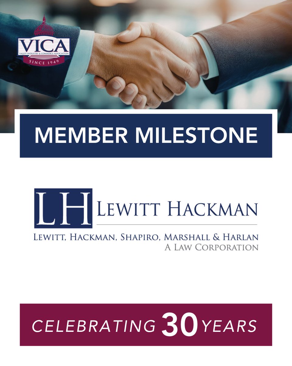VICASFValley's tweet photo. Celebrating 30 years of VICA membership for Lewitt Hackman! Thank you for three decades of leadership and partnership. Special thanks to Keith Zimmet and Sue Bendavid, Co-Chair of our Labor &amp; Employment Committee, for their continued dedication and involvement. https://t.co/Q5NYxetfOn
