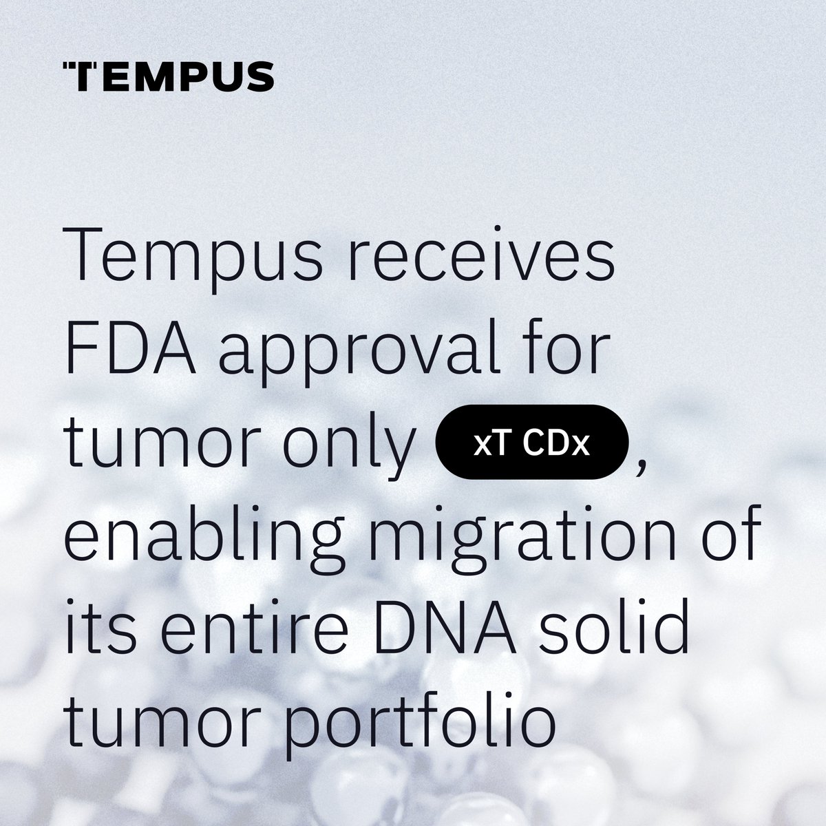 TempusAI's tweet photo. We're proud to announce that the U.S. Food and Drug Administration (FDA) has granted approval for a tumor-only indication for our xT CDx next-generation sequencing platform. With this expanded label, Tempus is the first laboratory to hold FDA companion diagnostic (CDx) approval for both tumor-only and tumor-normal comprehensive genomic profiling.

Read on: https://t.co/EdLNe4mDhg #ASCO26

*xT CDx is a qualitative Next Generation Sequencing (NGS)-based in vitro diagnostic device intended for use in the detection of substitutions (single nucleotide variants (SNVs) and multi-nucleotide variants (MNVs)) and insertion and deletion alterations (INDELs) in 648 genes in patients with previously diagnosed solid malignant neoplasms. The assay uses DNA isolated from Formalin-Fixed Paraffin Embedded (FFPE) tumor tissue specimens and, when available, patient-matched blood or saliva specimens. Additionally, the device detects microsatellite instability (MSI) status based on a genomic signature from the tumor specimen only. The test is intended as a companion diagnostic (CDx) to identify patients who may benefit from treatment with the targeted therapies listed in the Companion Diagnostic Indications table in accordance with the approved therapeutic product labeling. Additionally, xT CDx is intended to provide tumor mutation profiling to be used by qualified health care professionals in accordance with professional guidelines in oncology for patients with previously diagnosed solid malignant neoplasms. Genomic findings other than those listed in the Companion Diagnostic Indications table are not prescriptive or conclusive for labeled use of any specific therapeutic product.