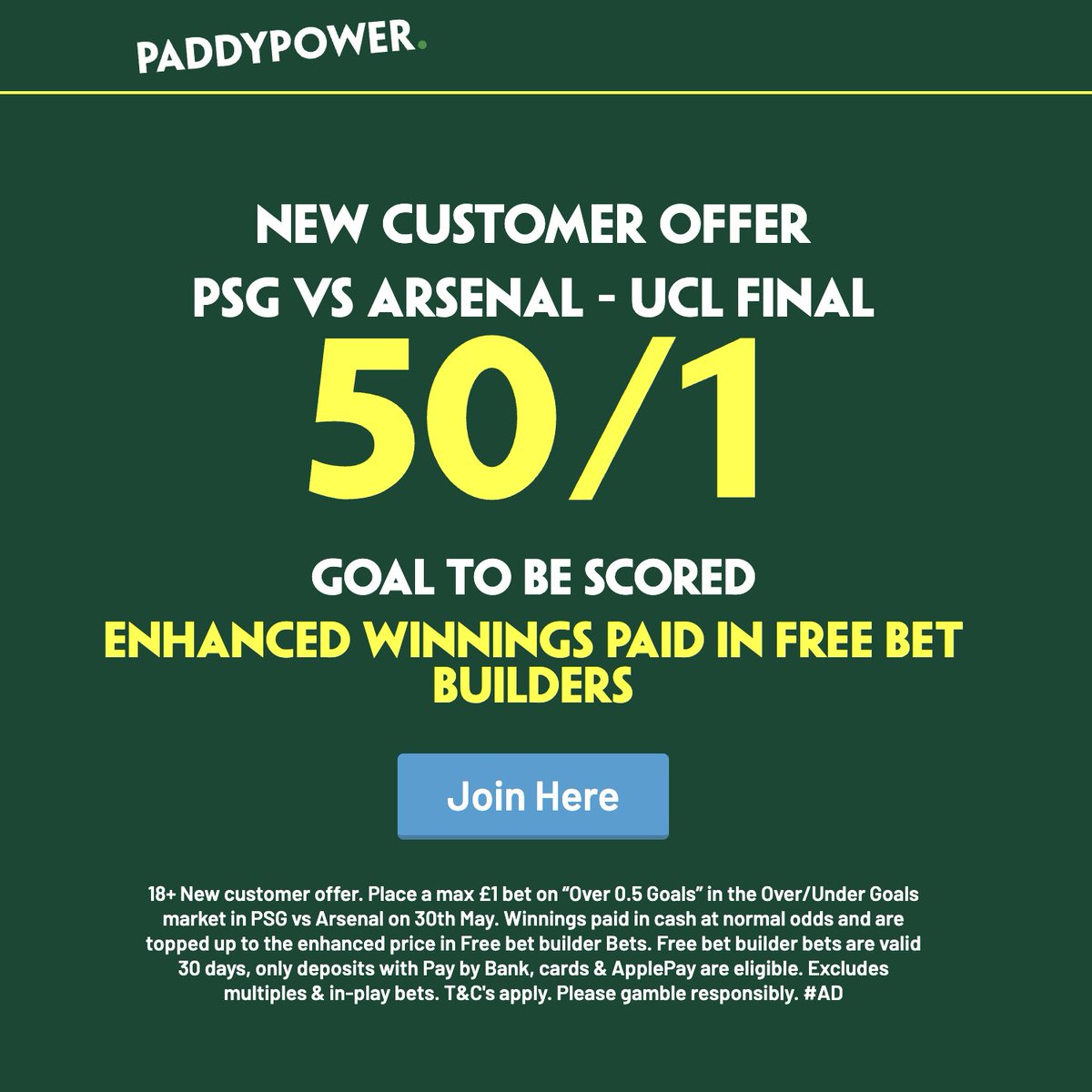 SquawkaBet's tweet photo. GET 50/1 FOR A GOAL TO BE SCORED IN THE CHAMPIONS LEAGUE FINAL! 🤯

New Paddy Power customers can claim here: https://t.co/8KJjCAgquR

18+ T&amp;Cs Apply GambleAware #Ad https://t.co/yyfqlqkjdX