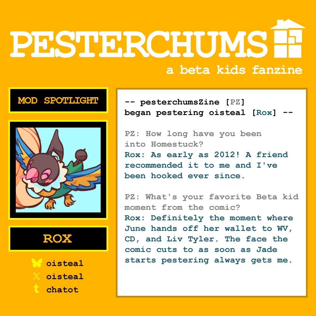 pesterchumszine's tweet photo. Someone is pestering you! 

It's the leader of our session, Rox! 

As the head, socials, finance, and shipping mod, they're excited to help get this project going! They're also assisting with special posts like the contrib apps opening video!

Twt/Bsky: @oisteal 
Tumblr: @/chatot https://t.co/rJ91yjSQbL