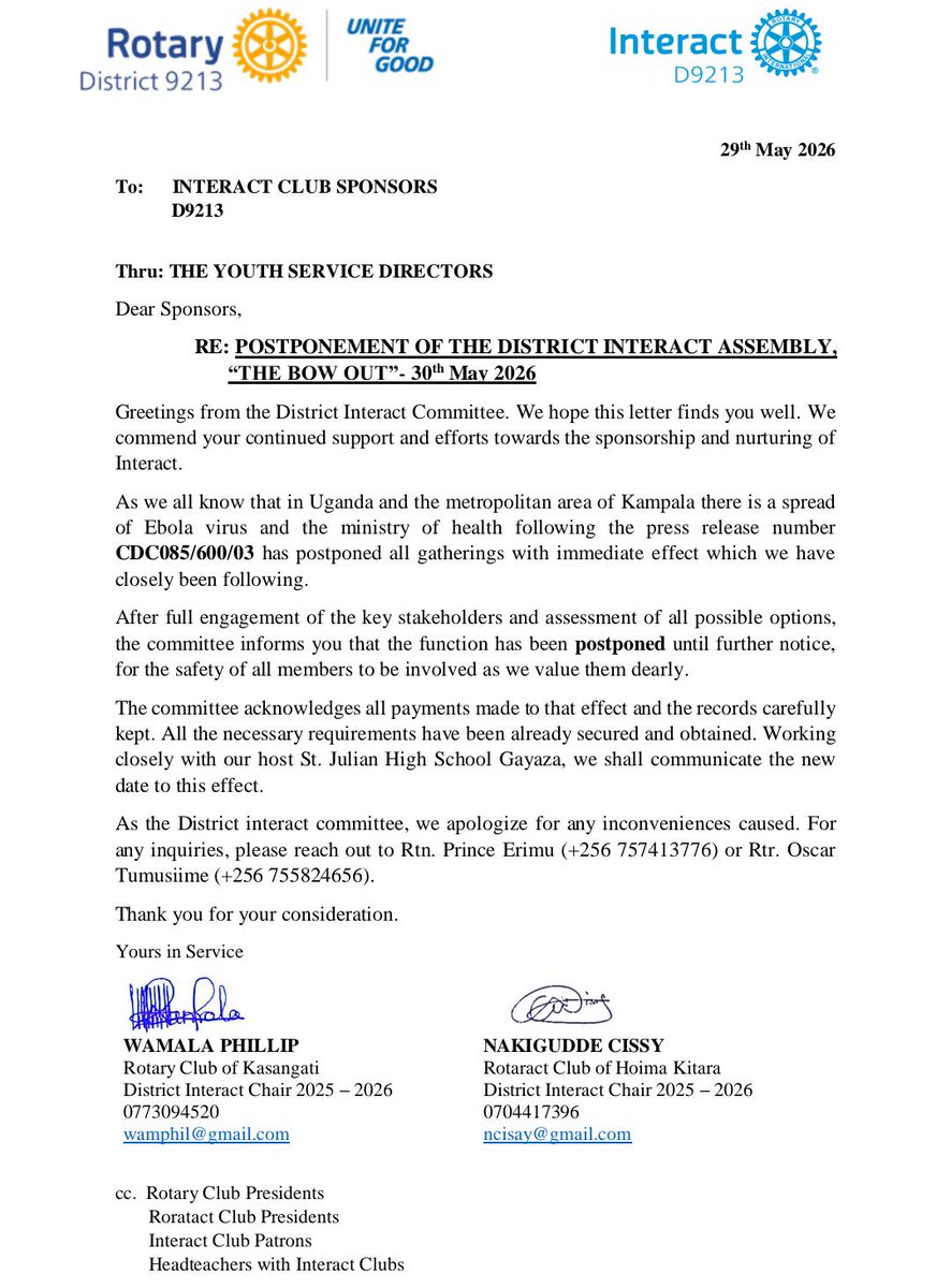 Interact_D9213's tweet photo. It's truly disheartening that our country is plagued by the Ebola Virus

Though, as Rotarians we aim for the well being of all concerned 

We have paused to secure good health for all

Communications will continue as streamlined, so keep watch for the updates soon coming https://t.co/JuewGEGbBp