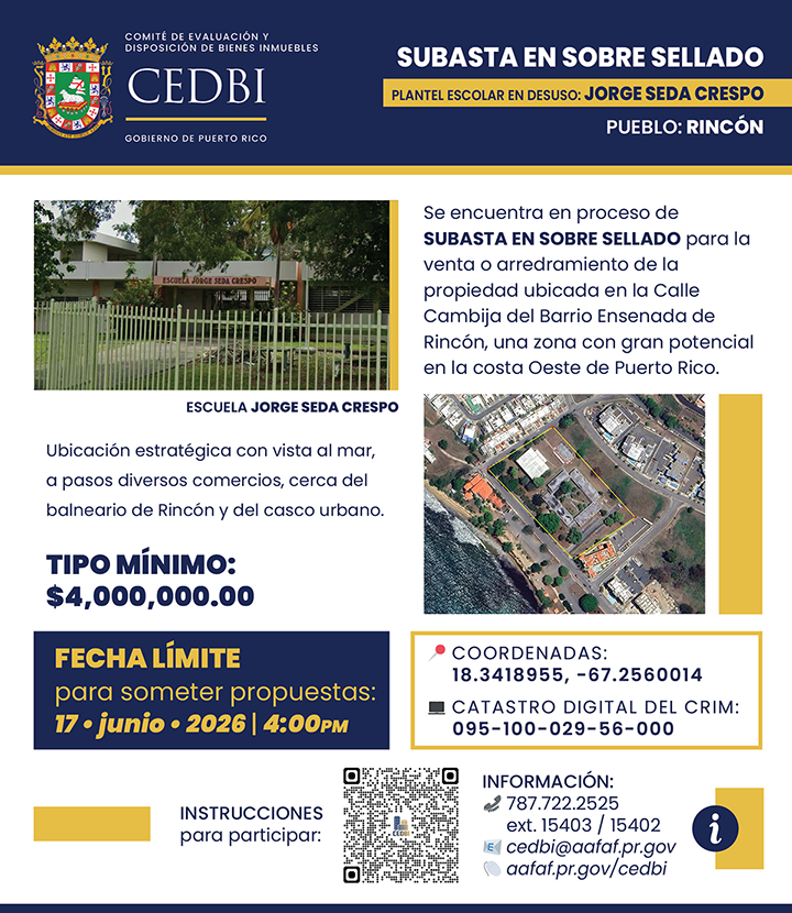 AAFAFPR's tweet photo. ¡Atención! Subasta en sobre sellado en proceso para el plantel escolar en desuso Jorge Seda Crespo en la Calle Cambija, Rincón. https://t.co/0Y8nvxQNfX