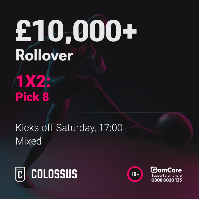ColossusBets's tweet photo. We have a 1X2 Pick 8 Rollover kicking off this evening!

Can you predict the correct result in all eight matches for a chance to win a share of the Jackpot?