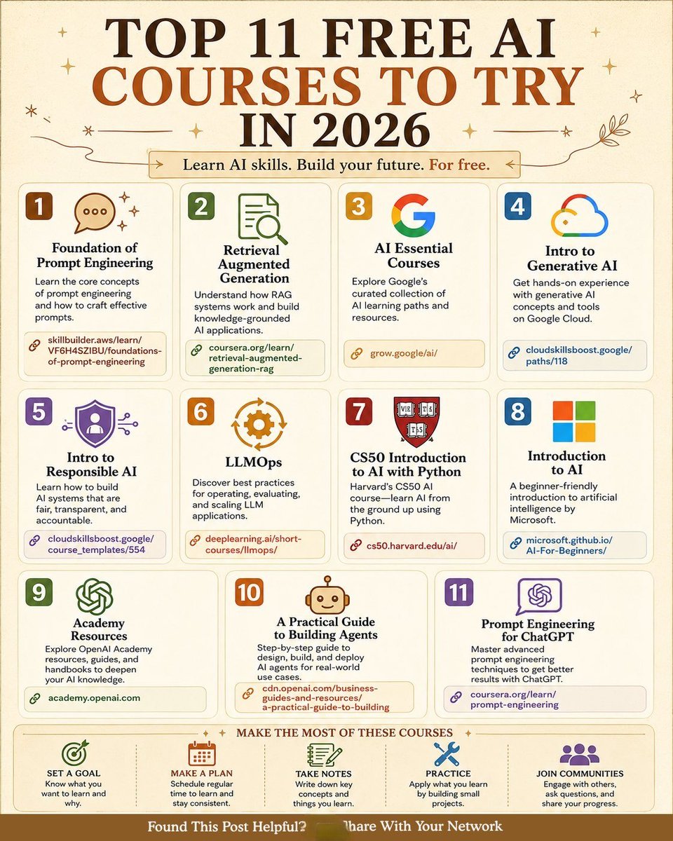 Jamesa_AI's tweet photo. 🚀 11 FREE AI Courses You Should Explore in 2026

1️⃣ Prompt Engineering Foundations
2️⃣ Retrieval-Augmented Generation (RAG)
3️⃣ Google AI Essentials
4️⃣ Generative AI for Beginners
5️⃣ Responsible AI Basics
6️⃣ LLMOps Crash Course
7️⃣ Harvard CS50 AI with Python
8️⃣ Microsoft AI for Beginners
9️⃣ OpenAI Academy Resources
🔟 Practical AI Agent Building Guide
1️⃣1️⃣ Prompt Engineering for ChatGPT

💡 Learn AI, automation, prompting, agents & GenAI skills — all for FREE.
📚 Perfect for creators, developers, students & future AI builders.