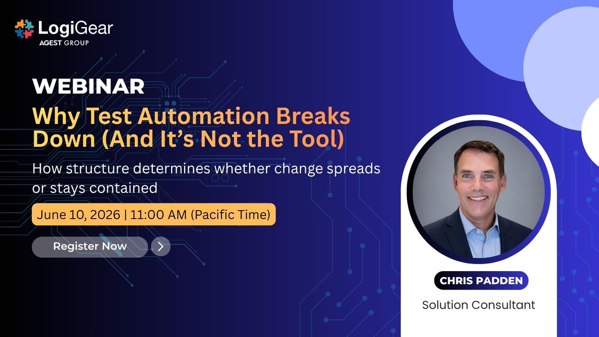 logigear's tweet photo. In this upcoming webinar, Chris Padden explores why test automation degradation is often caused by structural instability — not the tools themselves.

👉Register now! https://t.co/Yqsnq1ZlMY
#TestAutomation #QualityEngineering #SoftwareTesting #AutomationArchitecture #SDET https://t.co/pOQKWvXmod