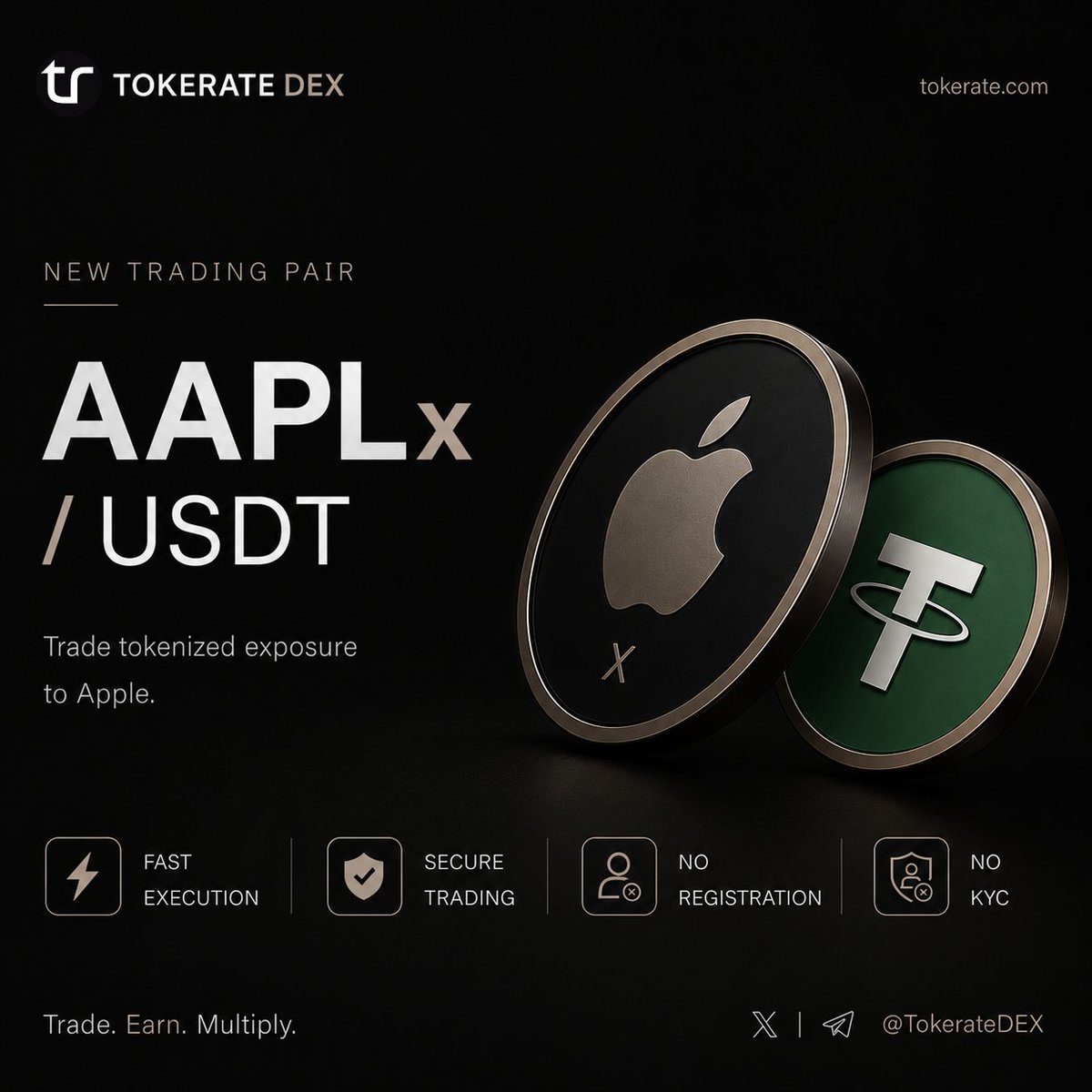 TokerateDEX's tweet photo. Now live on Tokerate:

• NVDAx/USDT
• GOOGLx/USDT
• AAPLx/USDT
Trade tokenized exposure to top tech companies.
⚡ No registration
⚡ No KYC

#Tokerate #NVDAx #USDT #TokenizedAssets #Trading #CryptoTrading #RWA #DeFi #StockTokens #NoKYC #NoRegistration #TokerateDEX https://t.co/tuVJYb8v4d