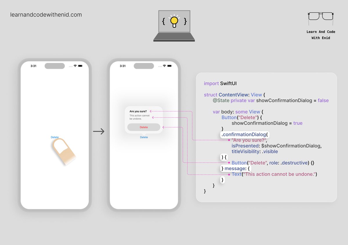 ios_dev_alb's tweet photo. SwiftUI Tip 💡

Use confirmationDialog() to confirm destructive actions before executing them.

This helps prevent accidental deletions and other irreversible changes. https://t.co/KAkHmYfrgv