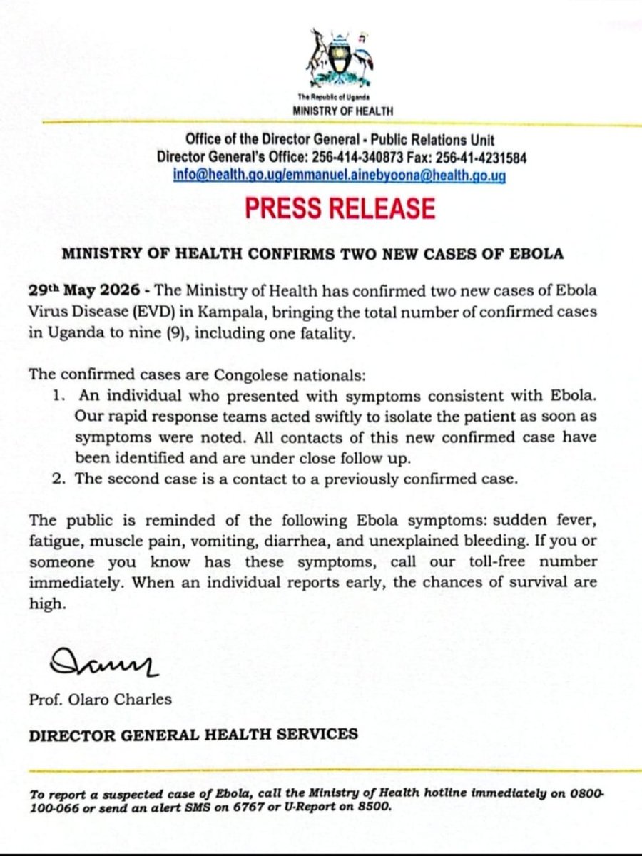 ButabikaNRMH's tweet photo. The Ministry of Health has confirmed two more Ebola cases. Please stay alert and help protect our communities. Wash your hands regularly, avoid contact with anyone showing symptoms such as fever, vomiting, or bleeding, and seek medical help immediately if you feel unwell. Staying informed and acting early can save lives. Stay safe and look out for one another.