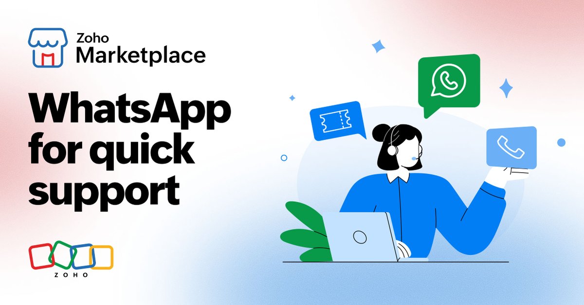 ZohoMarketplace's tweet photo. Still managing #WhatsApp support outside your help desk? That’s slowing your team down.

Discover 5 practical ways to reduce WhatsApp response times in @ZohoDesk, from automated replies and smart routing to guided workflows and proactive follow-ups: https://t.co/hqy7U1aphc https://t.co/pyIijTA44a