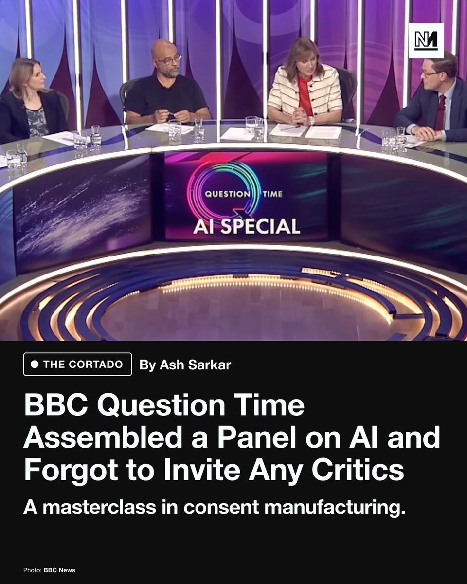 novaramedia's tweet photo. Is AI actually good enough to replace or improve on human labour? What about the unpaid appropriation of copyrighted creative work? And how is AI impacting education and young people's job prospects? 

These are some of the questions that the exclusively pro-AI panellists failed to discuss on BBC Question Time’s AI special, writes @ayocaesar.

Read the latest Cortado here: https://t.co/jVLia4MEBp
