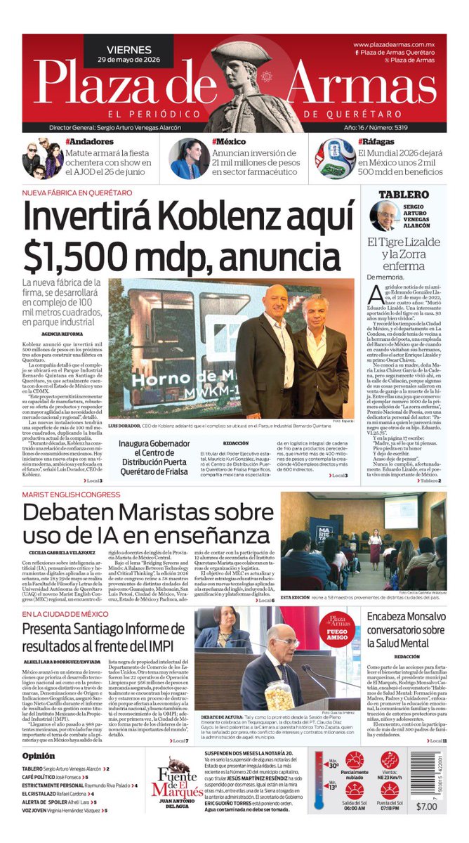 PlazaDeArmasQro's tweet photo. ¡Buenos días! Hoy en Plaza de Armas:
👉 Invertirá Koblenz aquí $1,500 mdp, anuncia
👉 Debaten Maristas sobre uso de lA en enseñanza
👉 Presenta Santiago Informe de resultados al frente del IMPI
https://t.co/bjnSVaw2oj https://t.co/rSGf6SLcfr