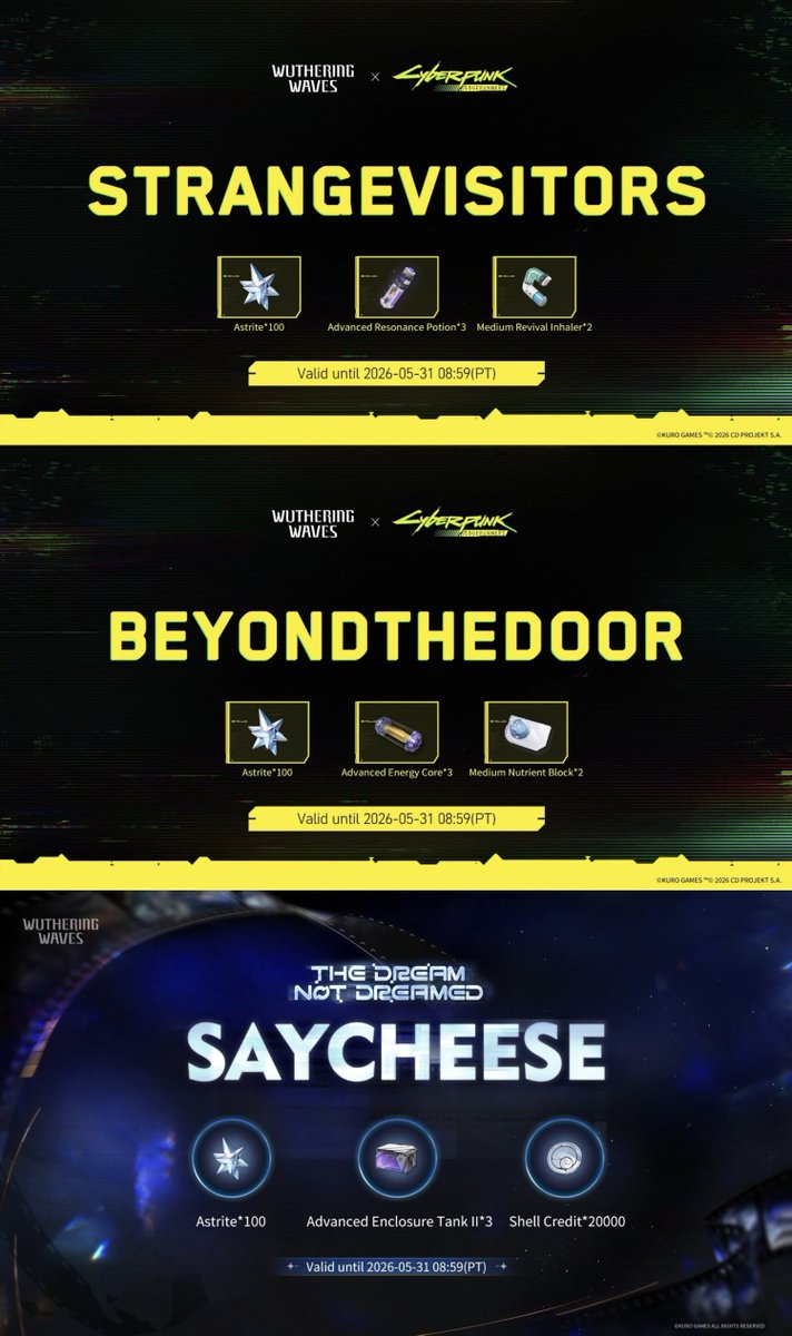 AboutWuwa's tweet photo. Wuwa 3.4 Redeem Codes:

STRANGEVISITORS
BEYONDTHEDOOR
SAYCHEESE

#WutheringWaves https://t.co/6qDlgItyiT