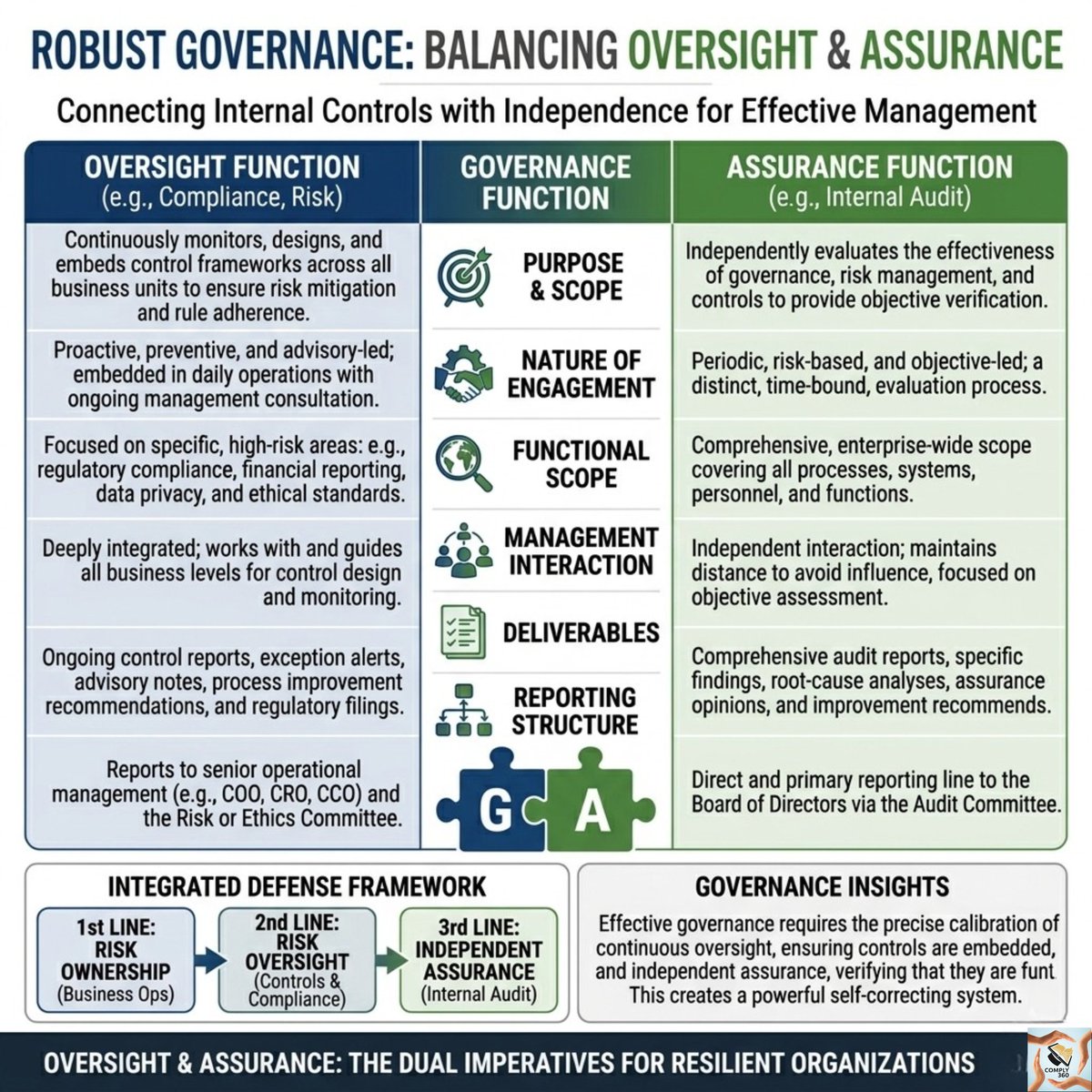 Comply360LLC's tweet photo. True business resilience isn’t just about having rules in place—it’s about balancing Oversight and Assurance. While they might sound similar, they serve two distinct, critical roles in keeping your business secure .
#CorporateGovernance #RiskManagement #InternalAudit #Comply360 https://t.co/bqLRLAOahx