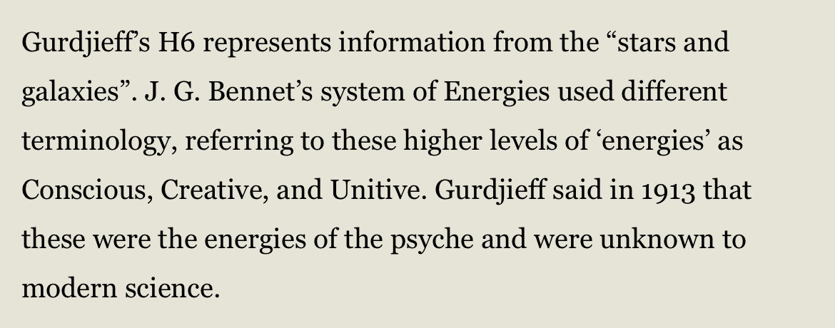 Parthenogenics's tweet photo. “Gurdjieff spoke of the higher emotional center as using the psychic energy level he called H24 [Hydrogen 24] or energy related to the world of the ‘planets’. Higher Mental Body utilizes a more subtle psychic energy that he labels H12 [Hydrogen 12] or functioning at the level of the ‘Sun’.”

In Gurdjieff’s cosmic economy the beings who are closer to God are implied to have higher capacity for (consciously, intentionally) suffering. 

Maybe it really is confused screaming all the way down.