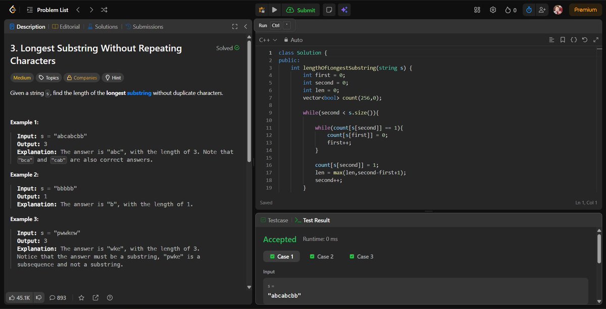 rohhannn01's tweet photo. Day 43 ๐
Solved "Longest Substring without Repeating Characters" (LC-03).
Learned how the sliding window technique helps in handling strings efficiently without checking every substring.
Really interesting Problem....๐บ
#day43 #leetcode #dsa #strings #slidingwindow https://t.co/KPxkRmjoXu
