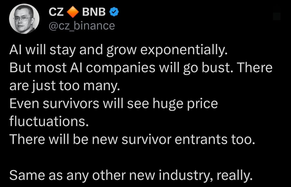 llona_boy's tweet photo. 📣 CZ: "AI will stay and grow exponentially. But most AI companies will go bust".

@just 📄 https://t.co/CbydTzC8jJ